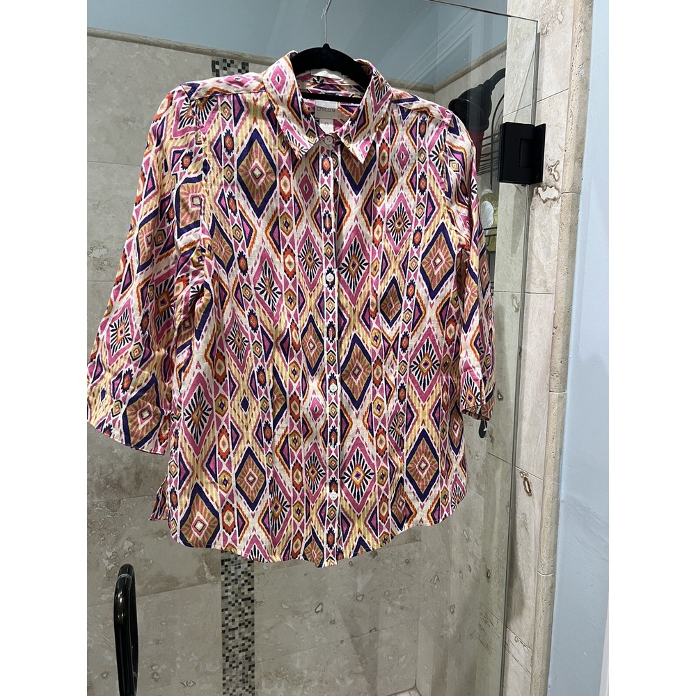 Chicos 0 Small Pink White Yellow Purple Aztec No Iron Linen Blouse 3/4 Sleeve
